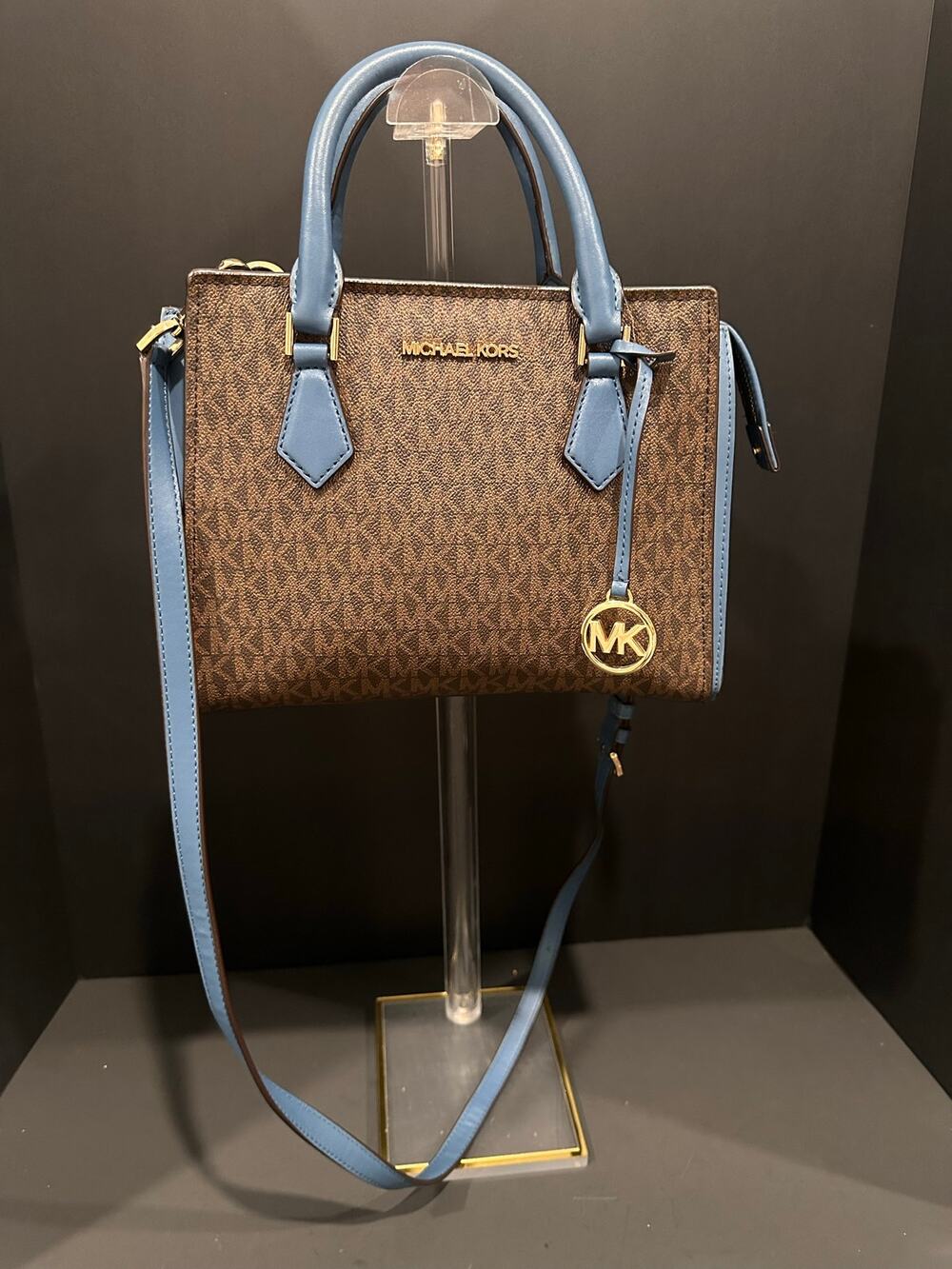 Michael Kors Brown MK Signature Blue Trim Satchel Crossbody Bag Gold Hardware